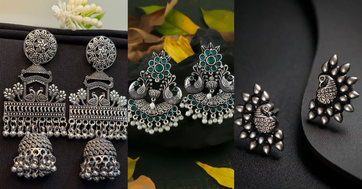 Peacock motif silver oxidised jewellery designs set with earrings and necklace – perfect for Navratri and chaniya choli outfits