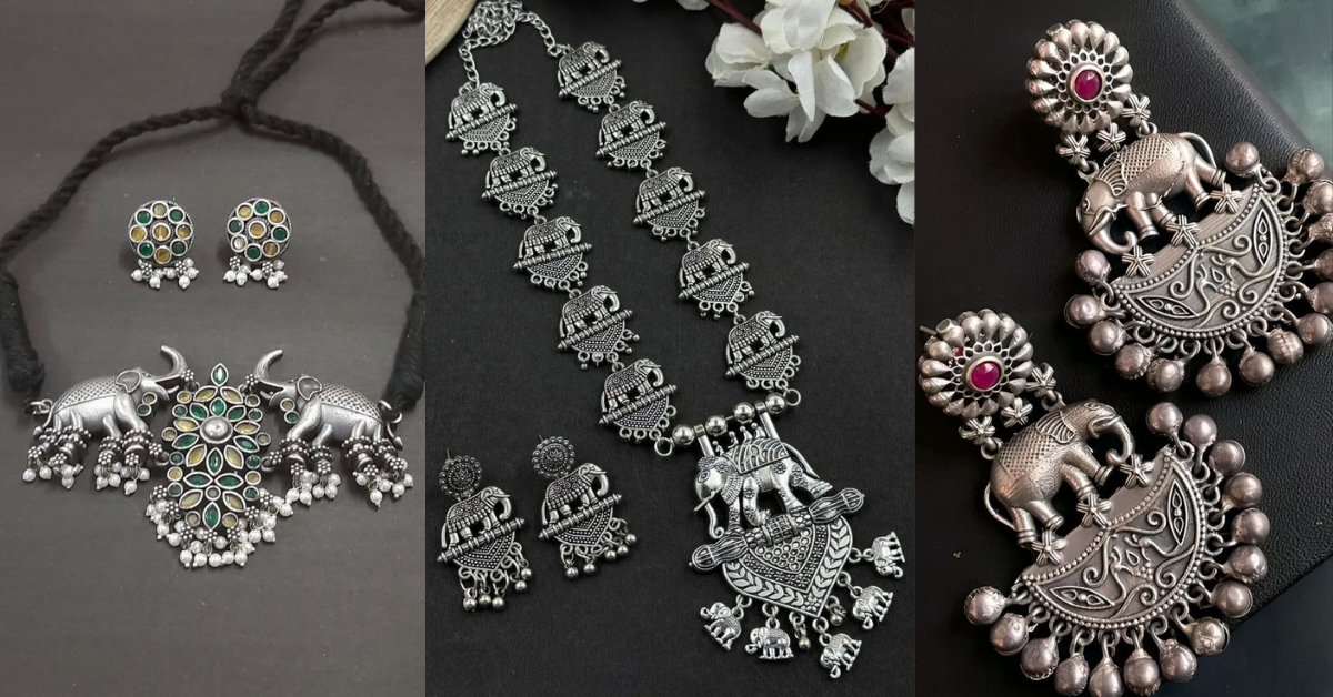 Elephant design oxidised gold jewellery designs neckpiece – traditional Navratri accessory for festive wear